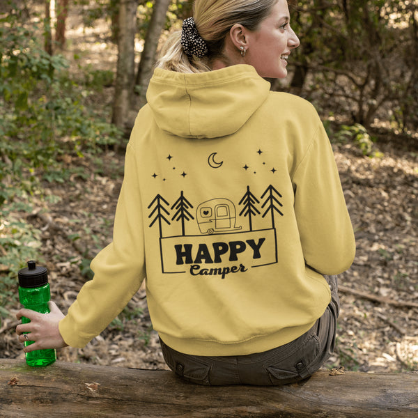Introducing our gender neutral hoodie with the fun and adventurous saying "Happy Camper" and a camp themed graphic.